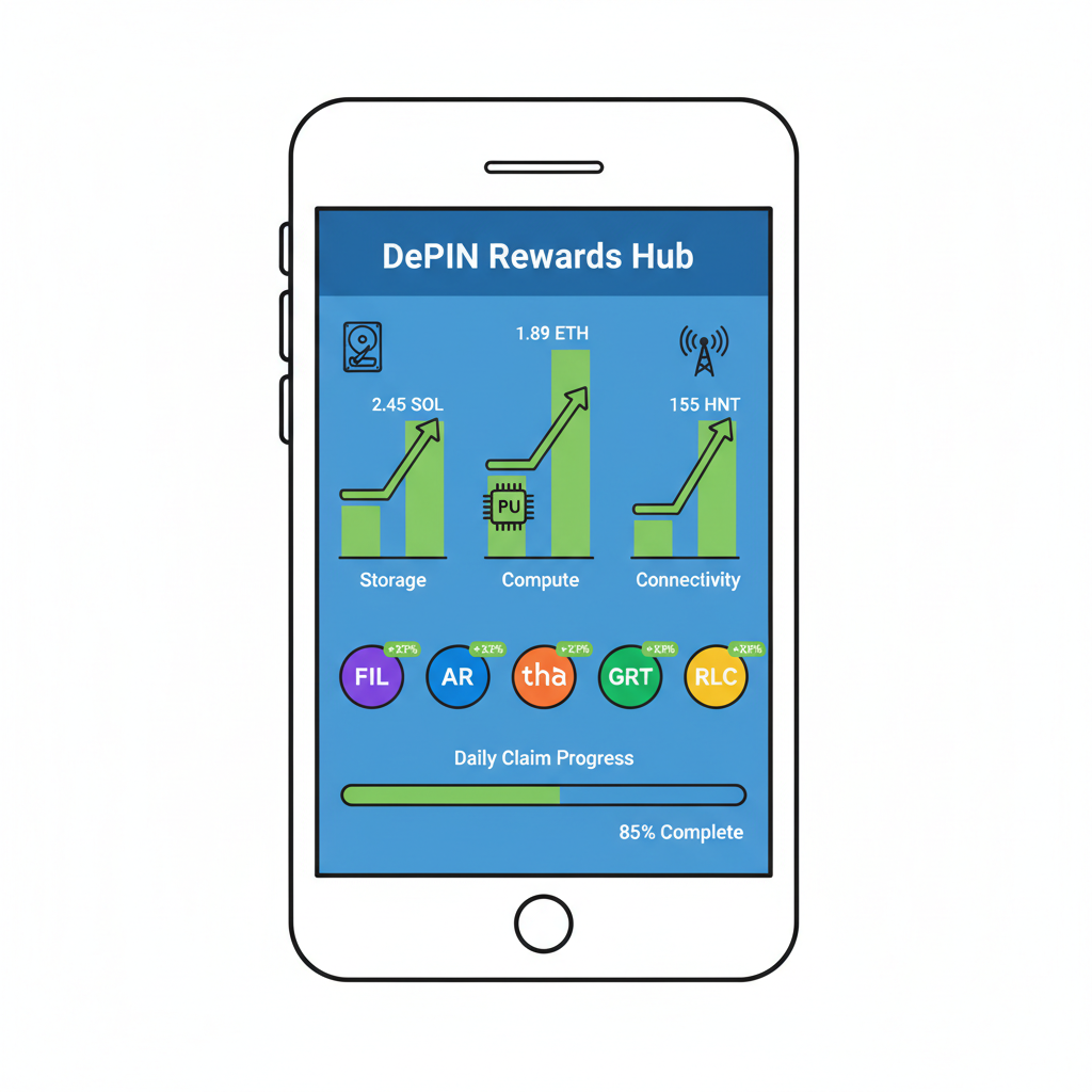 Phone dashboard aggregating DePIN rewards, charts spiking green, token icons --ar 16:9