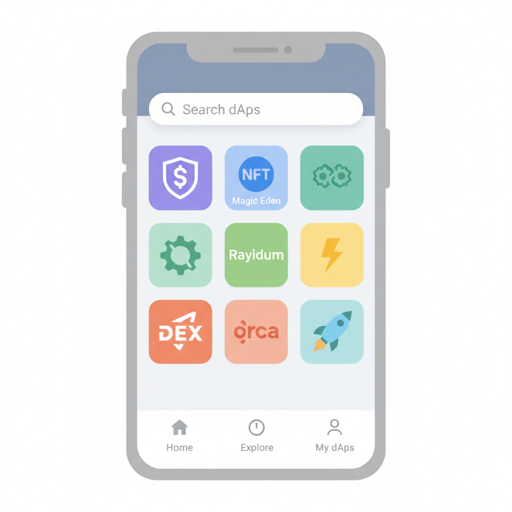 Solana Mobile dApp Store open on phone screen, search bar prominent, web3 app icons --ar 16:9