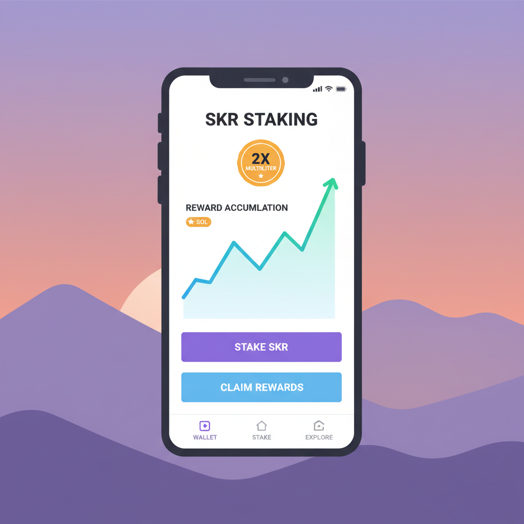 Mobile SKR staking interface on Solana phone, 2x multiplier badge, reward graph --ar 16:9