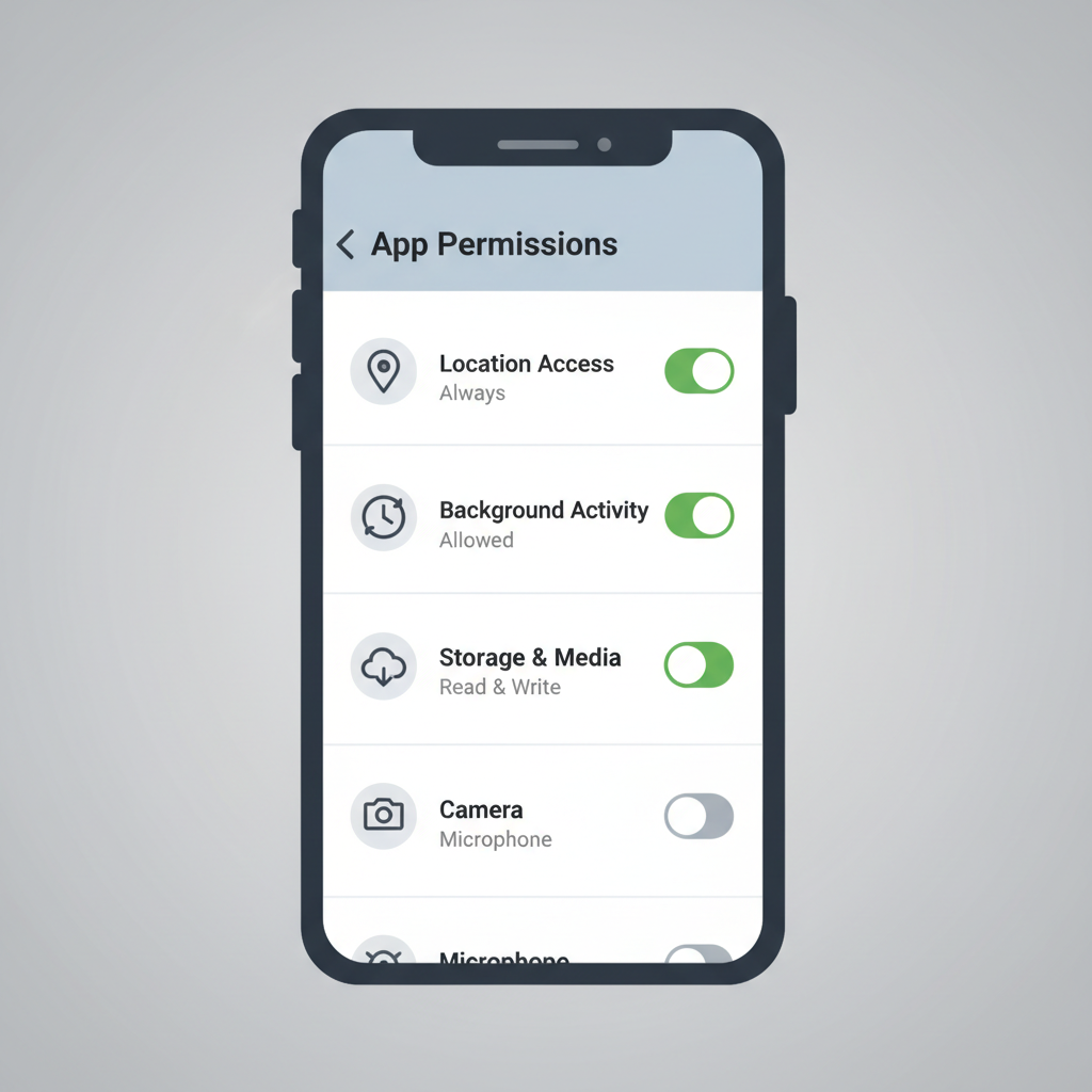 Phone settings screen with permissions toggles greenlit for location, background, storage --ar 16:9