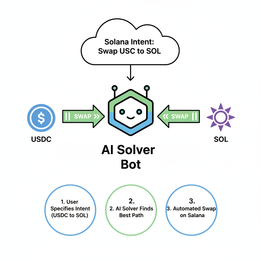 AI solver bot diagram fulfilling Solana intent, swap arrows USDC to SOL