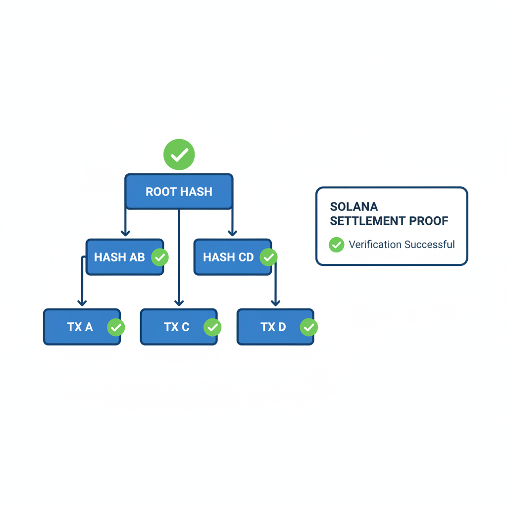 Merkle tree graphic verifying Solana settlement proof, green checkmarks