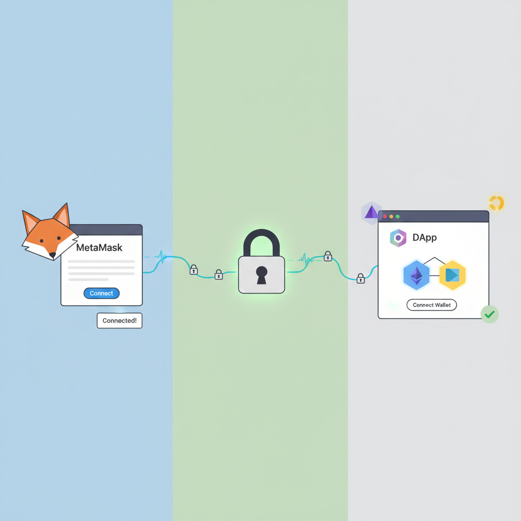 user connecting MetaMask wallet to web app, blockchain icons, secure connection animation