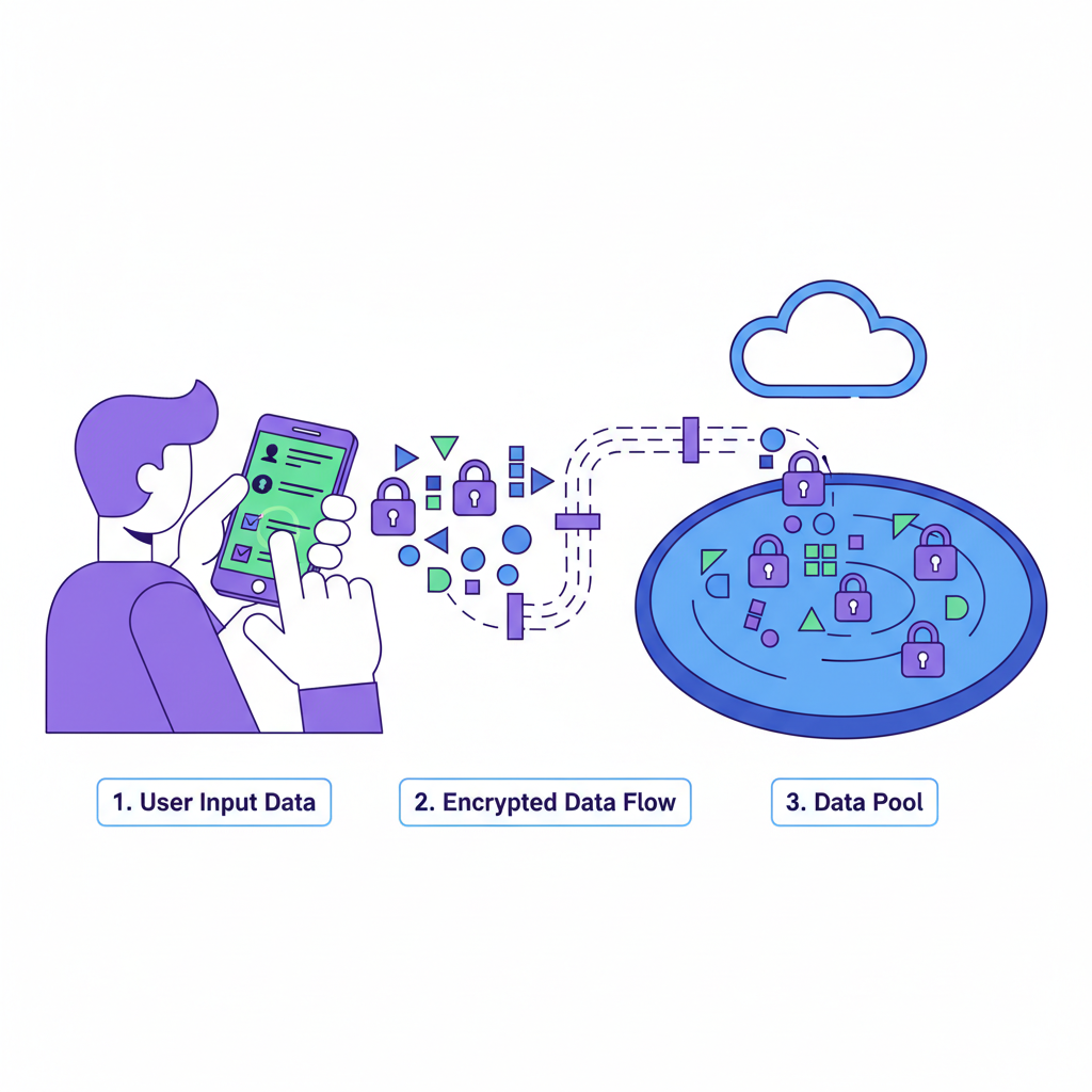 user inputting data on app, encrypted data flow to pool, abstract visualization