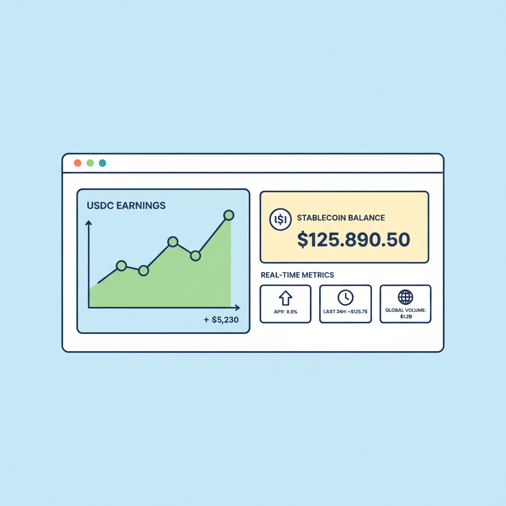 dashboard showing USDC earnings graph, stablecoin balance, real-time metrics