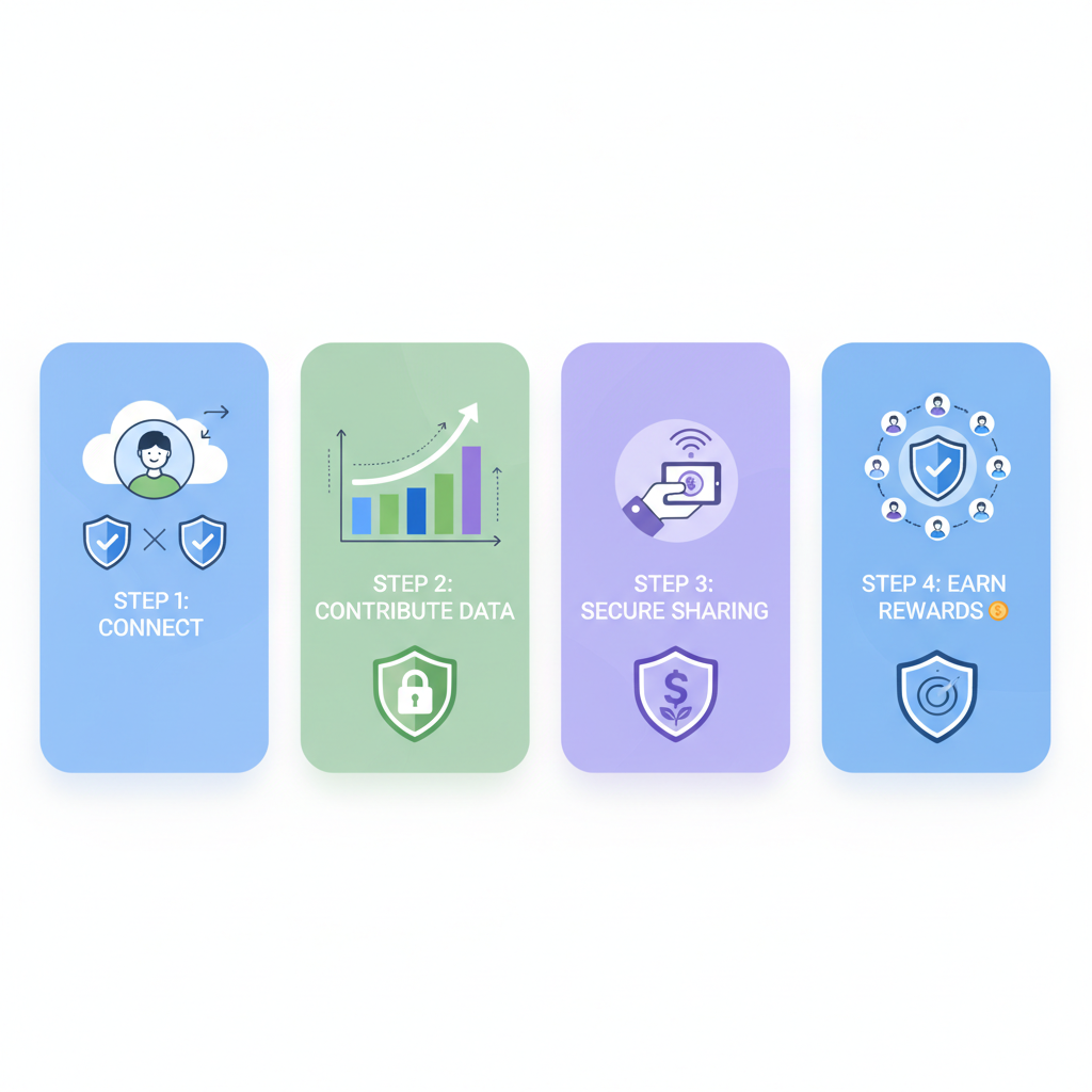 mobile app for data contribution, privacy shield icons, uploading data graph