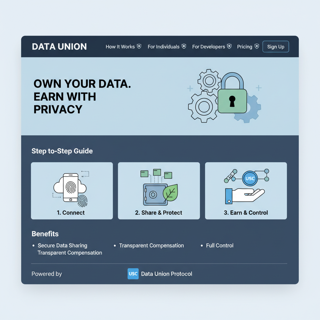 clean website interface for data union platform, privacy icons, USDC logo, modern UI