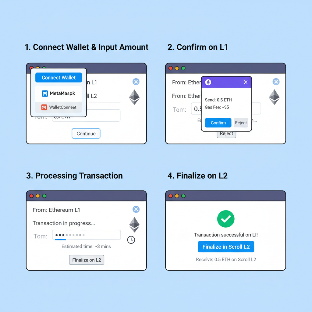 Scroll official bridge interface depositing ETH from L1 to L2, transaction flow