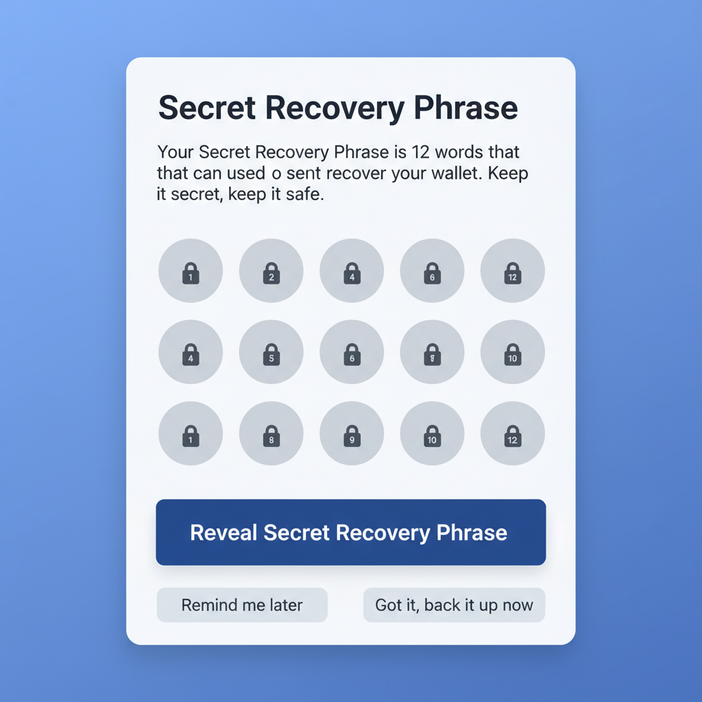 MetaMask wallet setup screen with seed phrase backup, clean professional UI