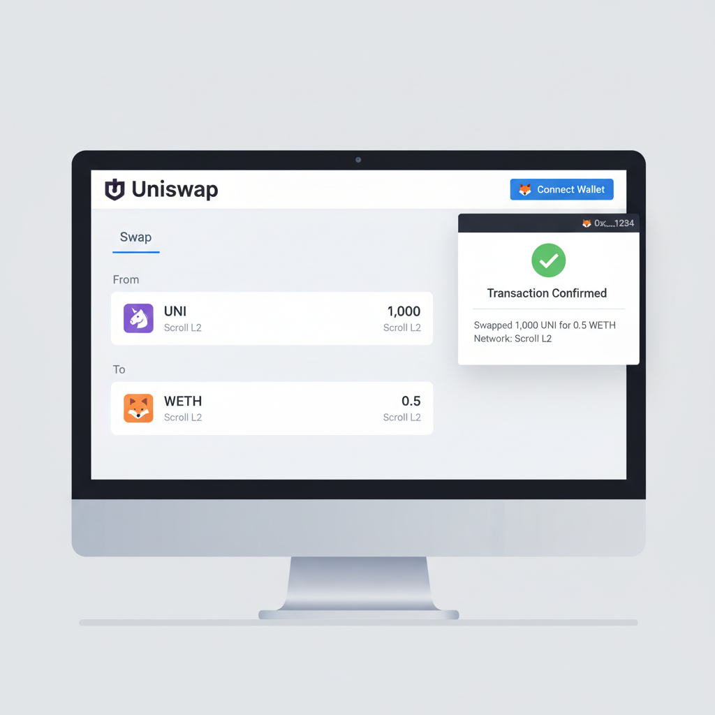 Uniswap on Scroll L2 swapping tokens with connected MetaMask, success confirmation
