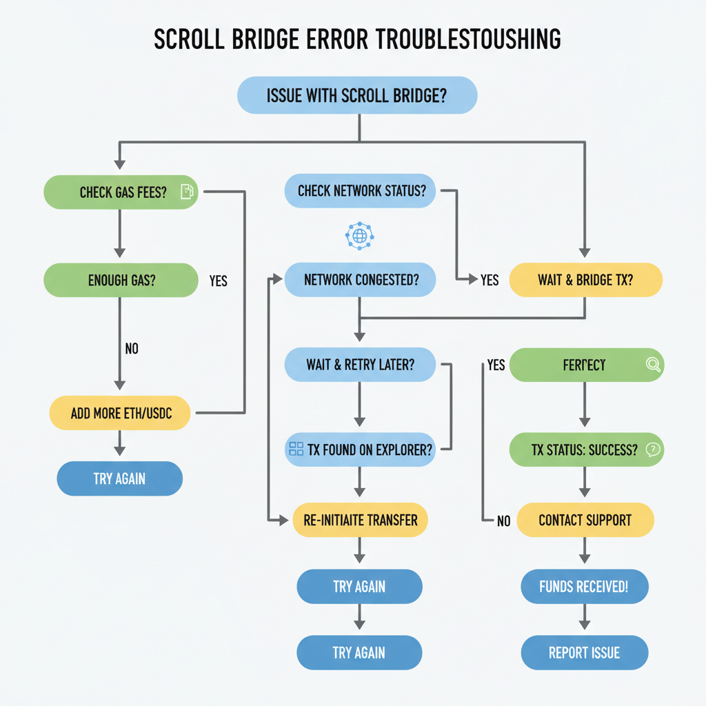 Troubleshooting flowchart for Scroll bridge errors, icons for gas, network, explorer
