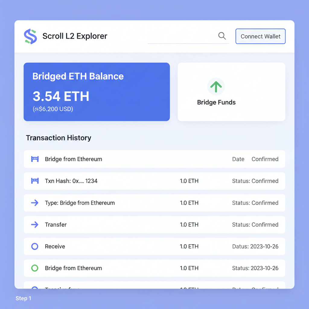 Scroll L2 explorer dashboard showing bridged ETH balance and tx history
