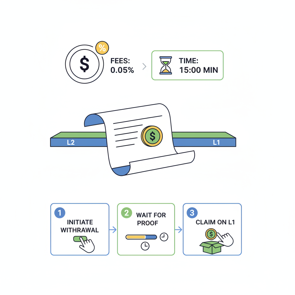 Scroll bridge withdrawal process from L2 to L1 with fee indicator and timer