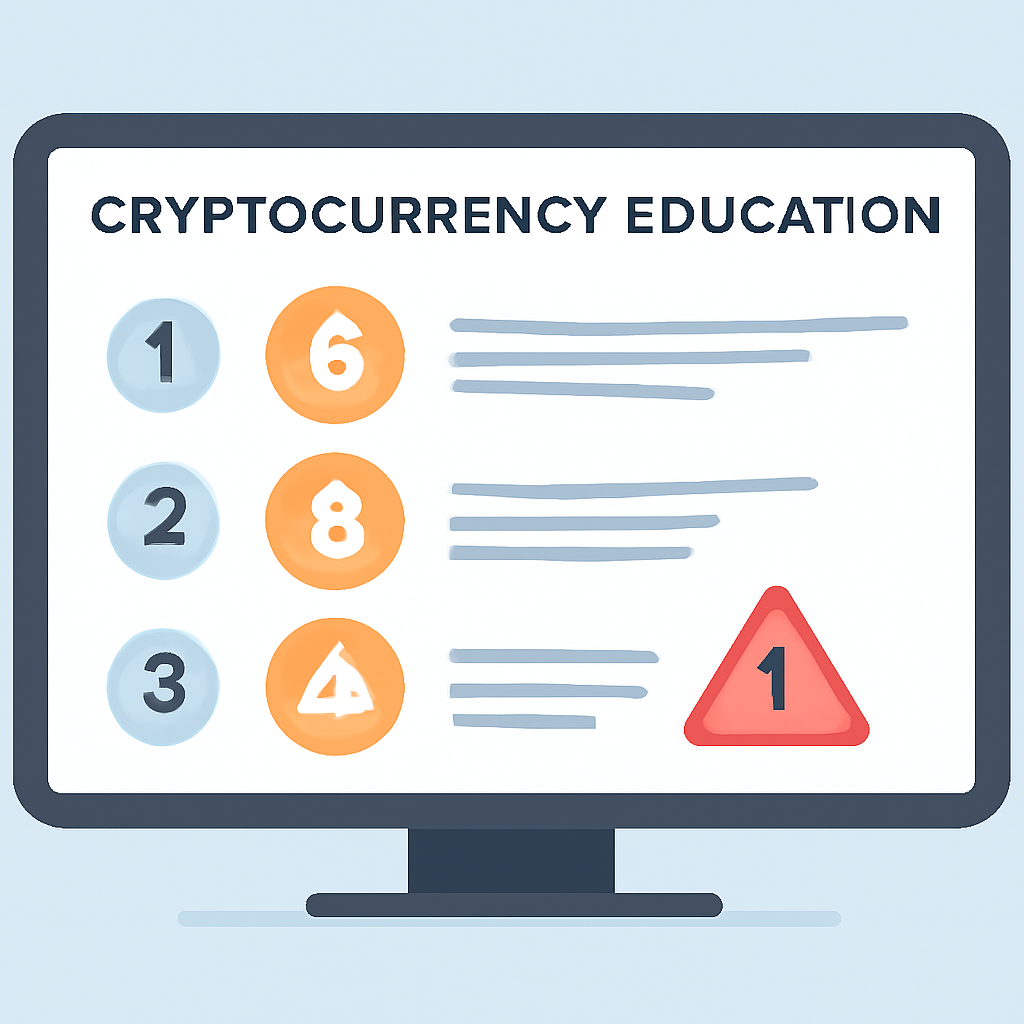 A computer screen displaying a cryptocurrency education module, with Bitcoin icons and warning symbols