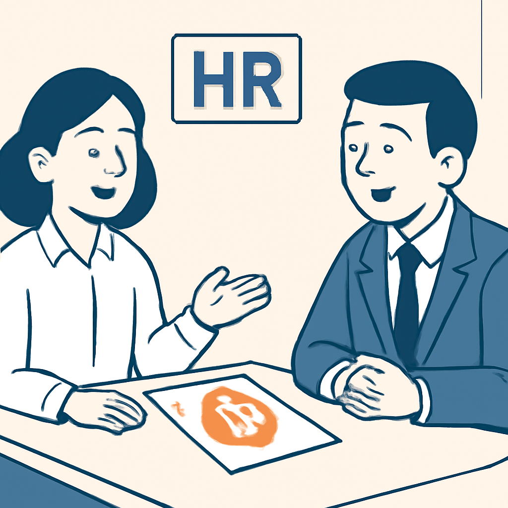 A friendly professional speaking with an HR representative in an office, with a Bitcoin logo on a document between them