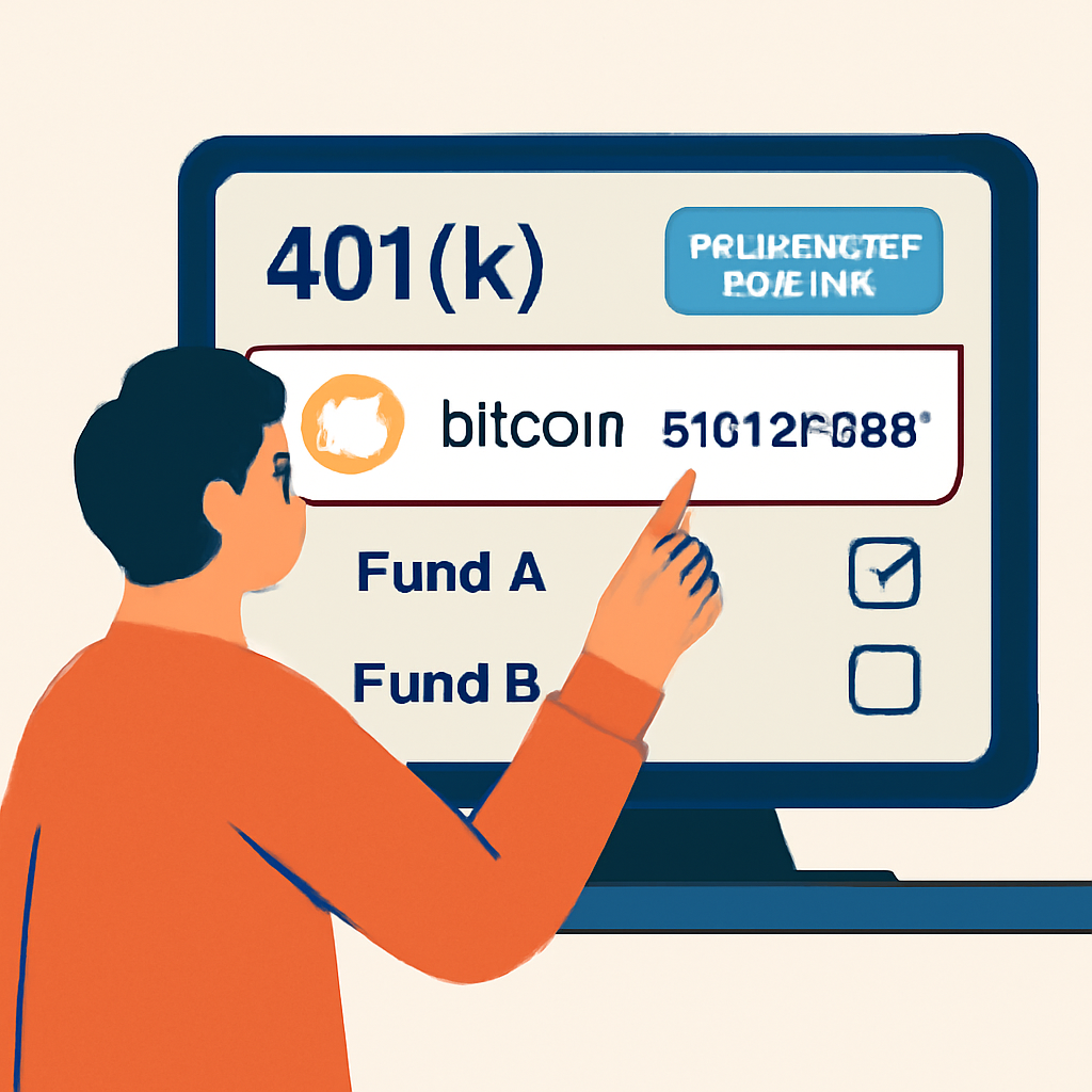 A person using an online 401(k) platform to allocate funds to Bitcoin, with the current Bitcoin price ($107,075.00) displayed