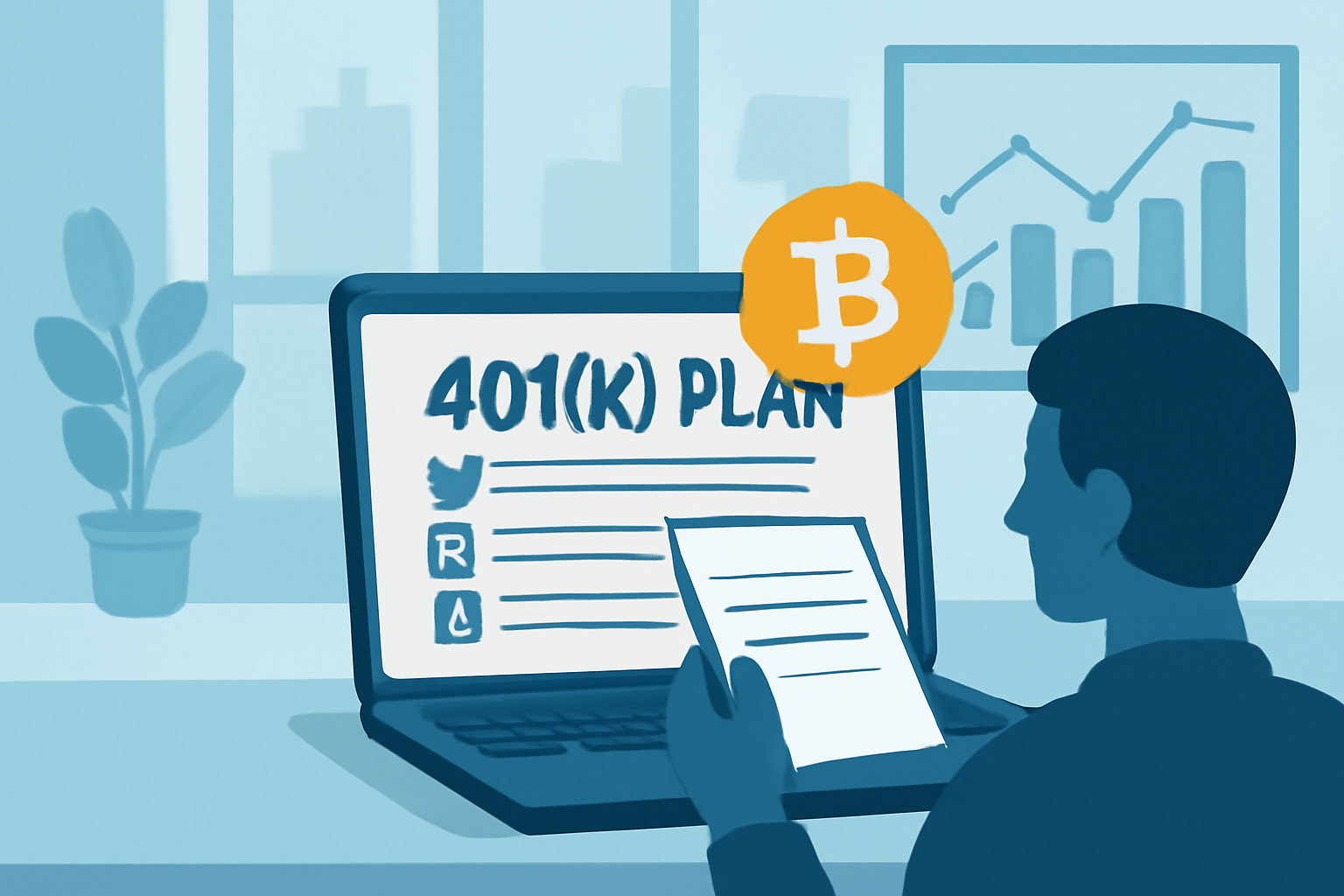 A person reviewing a 401(k) plan document on a laptop, with a Bitcoin symbol and financial charts in the background, modern office setting