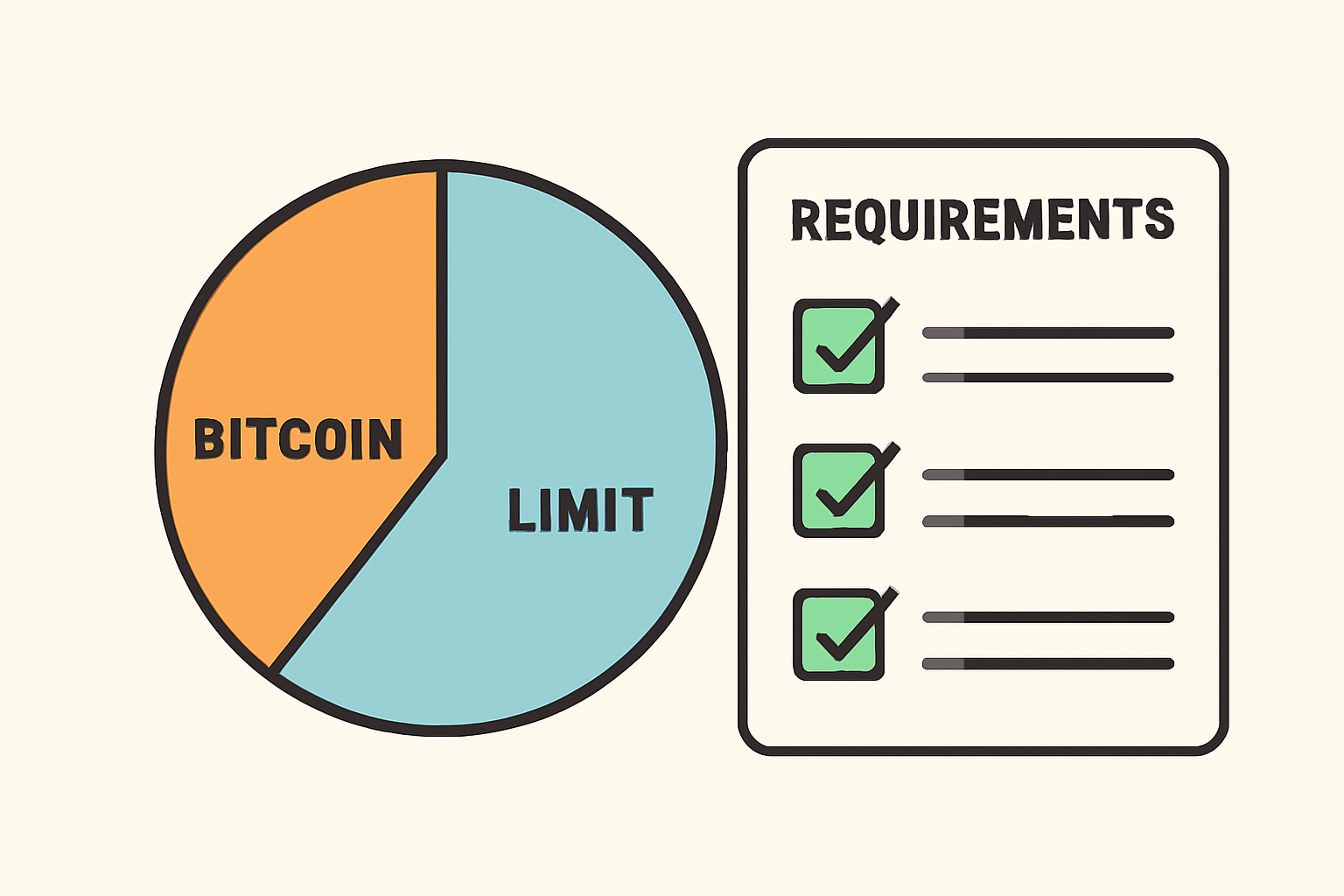 A pie chart showing a portion allocated to Bitcoin, with a limit line, and a checklist of requirements nearby