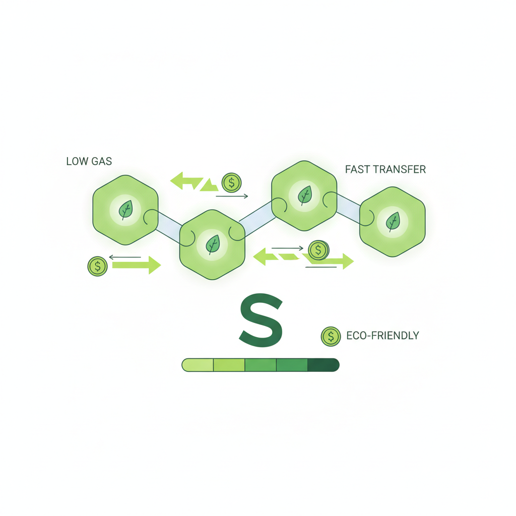 minimalist illustration of low-gas blockchain like Solana, green efficient chains, crypto transfer