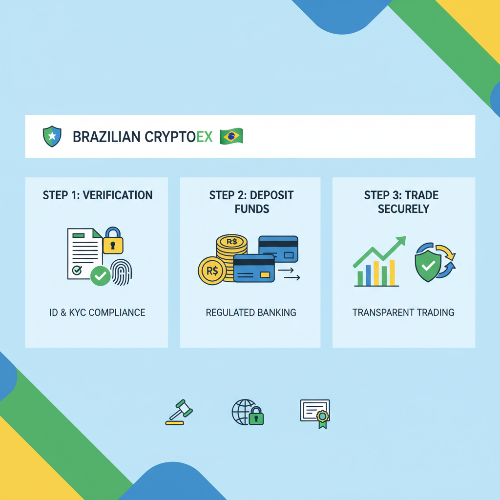 secure regulated crypto exchange dashboard, Brazilian flag elements, compliance icons