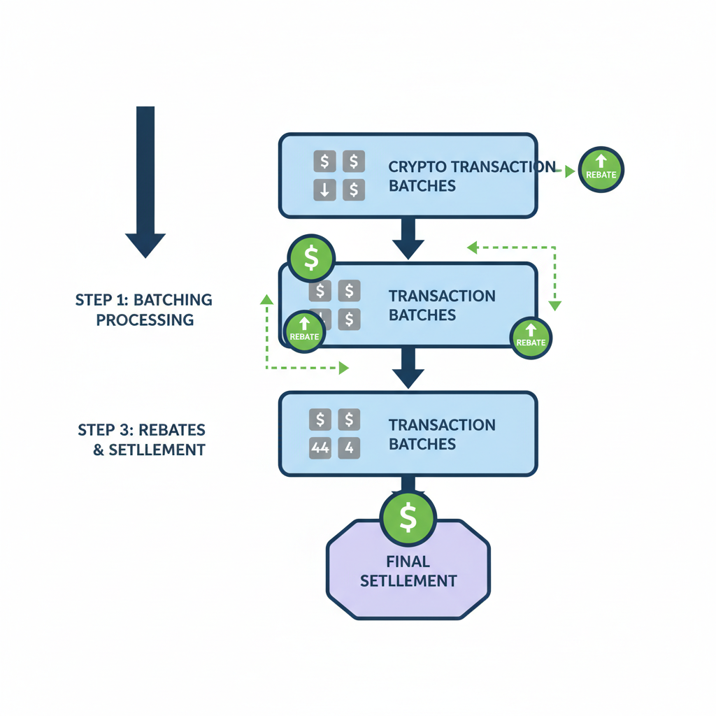 stacked crypto transaction batches, rebate icons, flowchart diagram