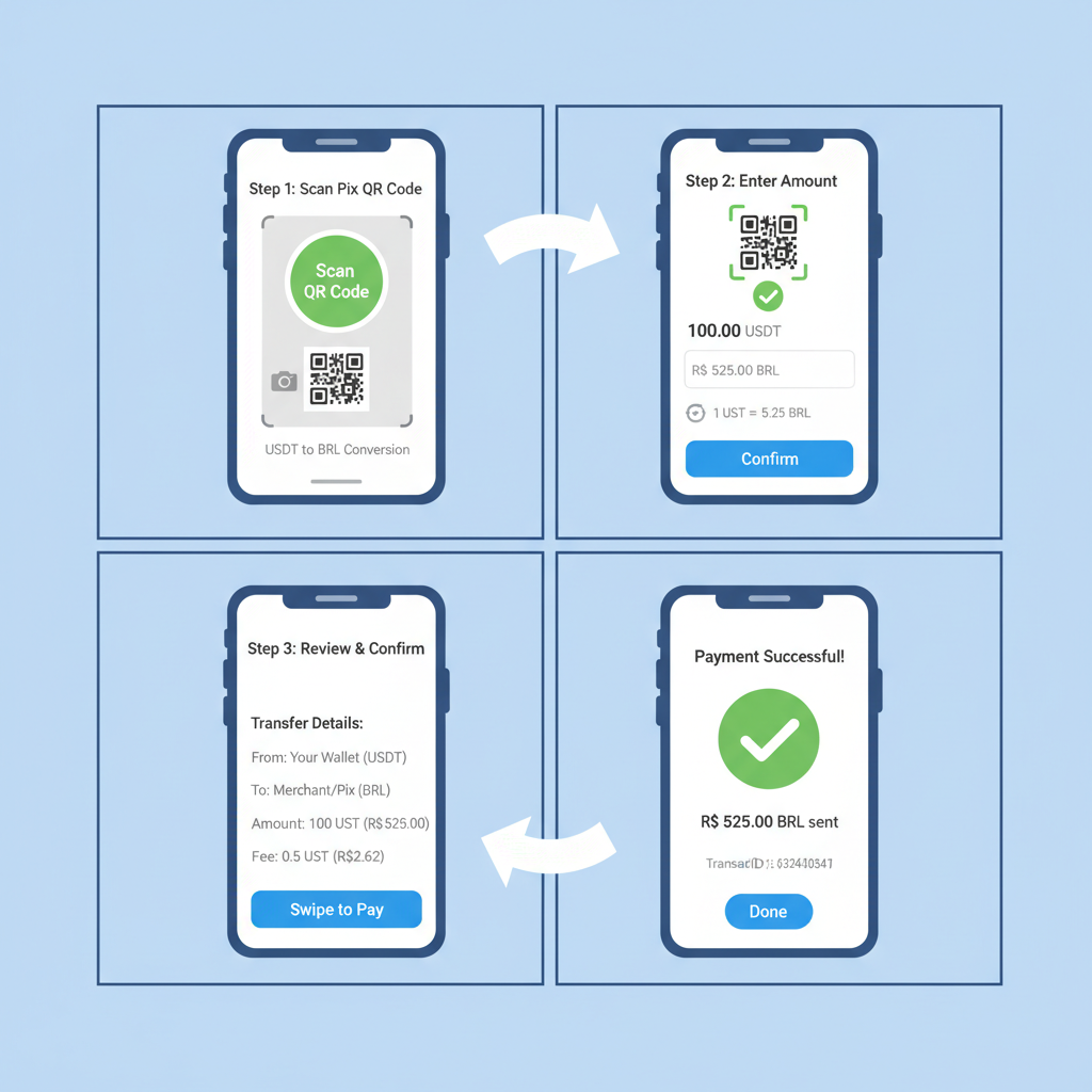 Pix QR code scan with USDT to BRL conversion, Brazilian payment app interface