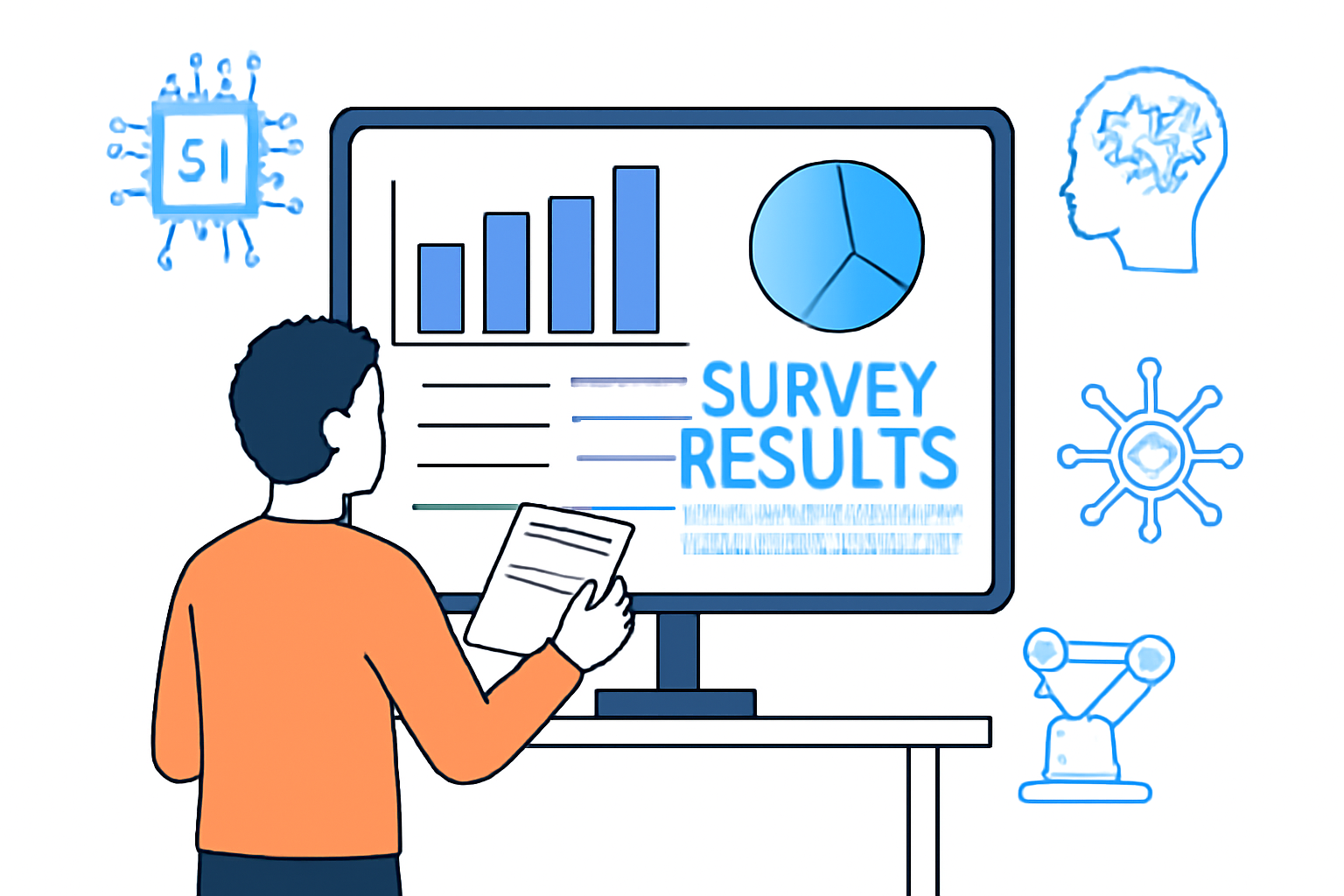 A person analyzing digital survey results, with charts and a word cloud on a large screen, surrounded by AI motifs
