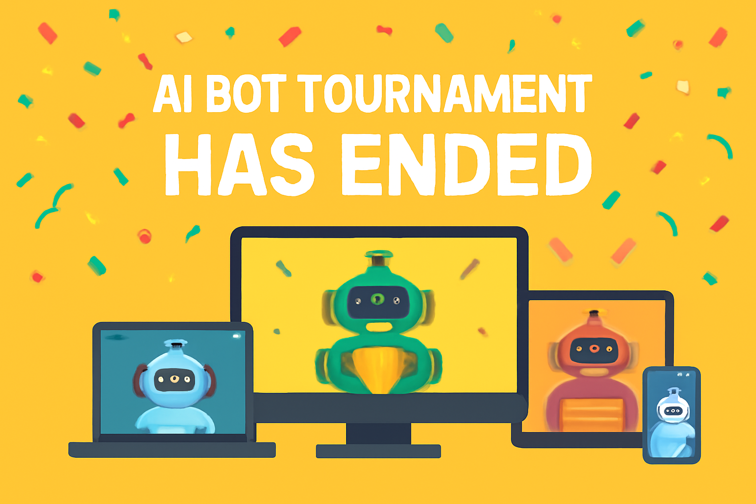 A vibrant online announcement banner celebrating the end of an AI bot tournament, with confetti and digital bots on screens