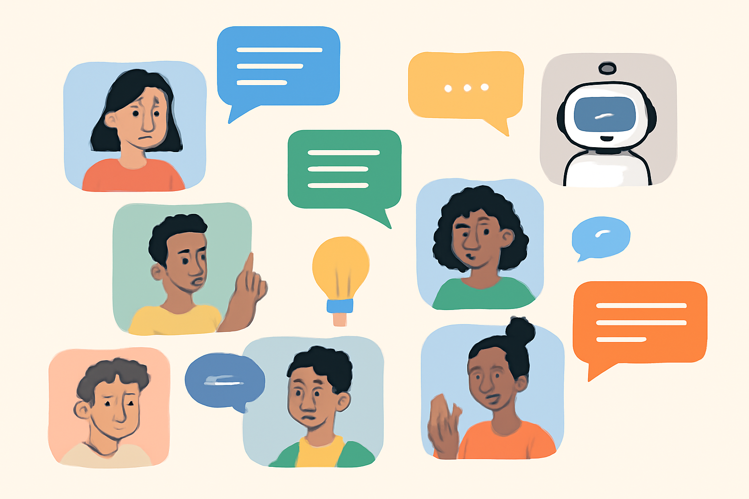 A lively online chat or forum with diverse avatars discussing and sharing ideas, with speech bubbles and bot graphics