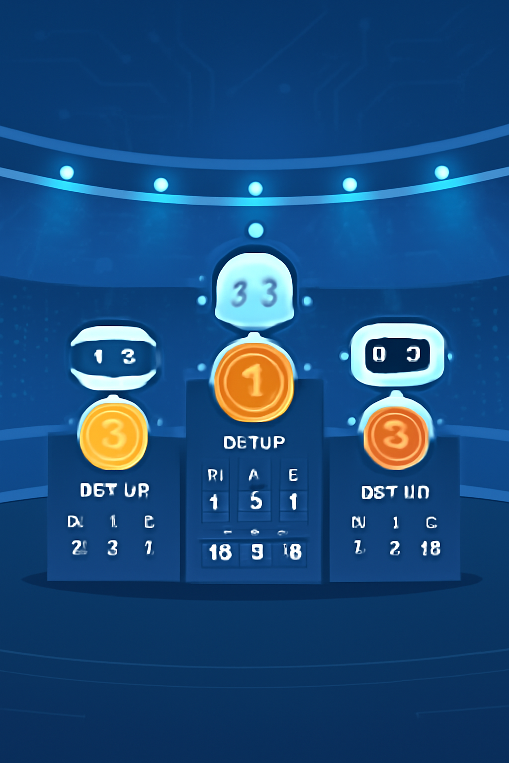 A leaderboard graphic with AI bot avatars, gold medals, and match stats, set against a digital arena backdrop
