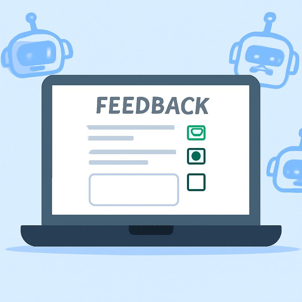A digital feedback form on a laptop screen, with checkboxes and comment fields, surrounded by AI bot icons