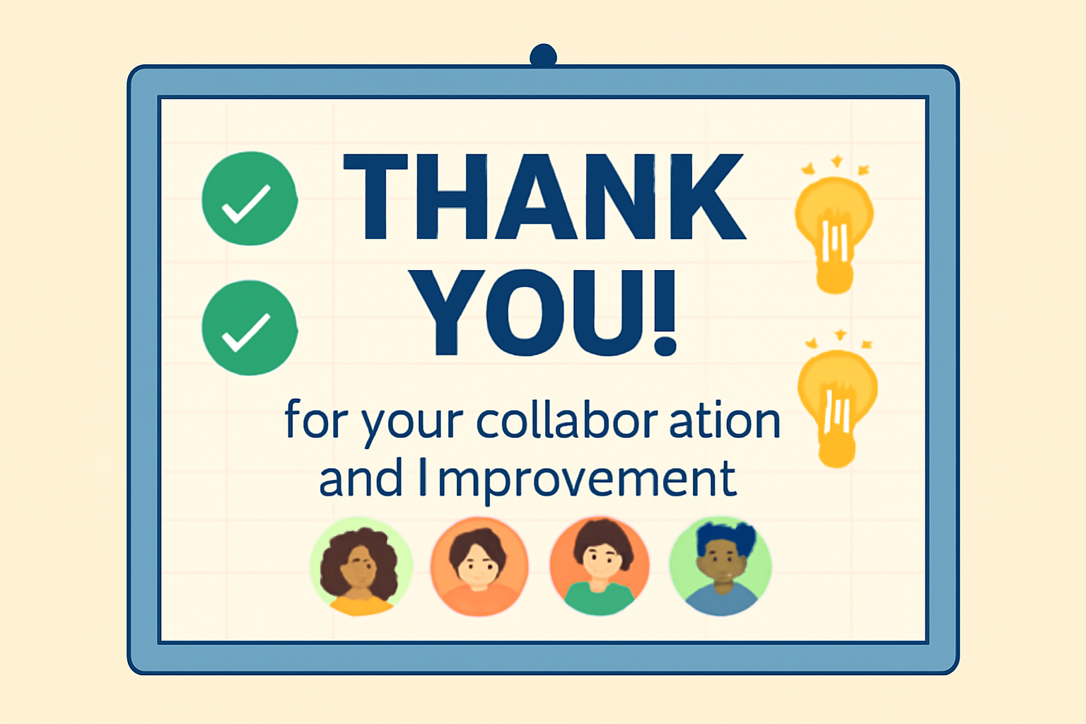 A thank-you message on a digital noticeboard, with checkmarks, lightbulbs, and community avatars, symbolizing collaboration and improvement