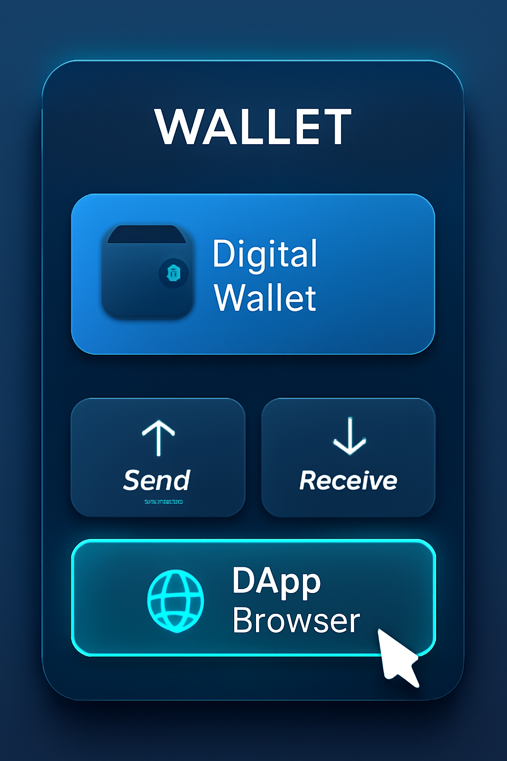 A close-up of a digital wallet app interface showing a highlighted DApp Browser button, futuristic design