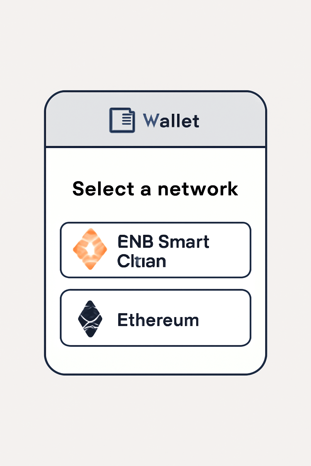 A wallet interface prompting user to select a blockchain network, options like BNB Smart Chain and Ethereum visible