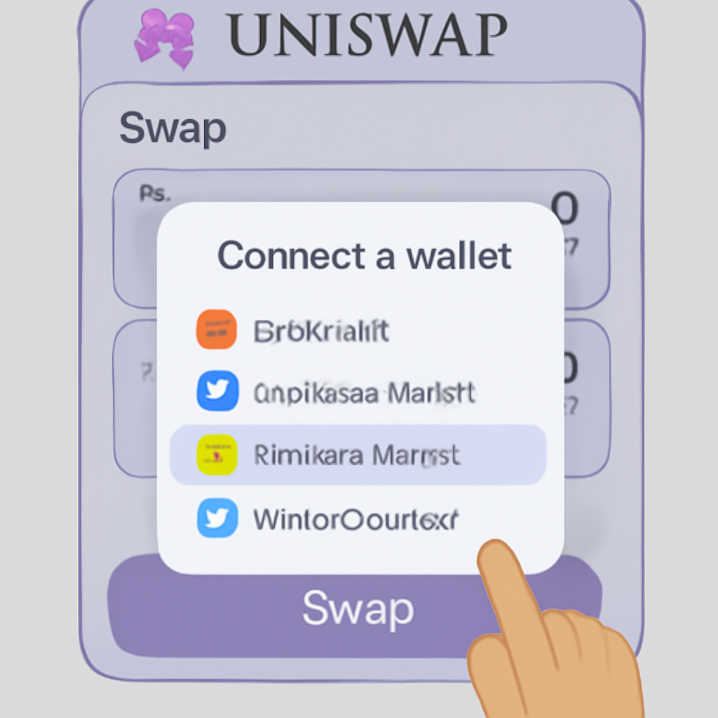 A Uniswap interface with a pop-up showing wallet options, Binance Wallet highlighted, user confirming connection