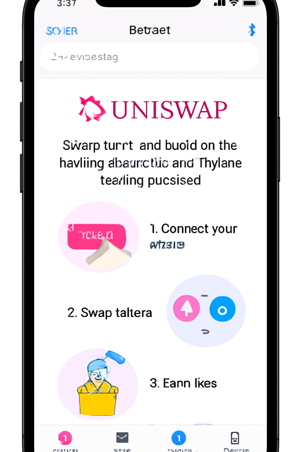 A mobile browser interface inside a crypto wallet app displaying the Uniswap homepage, clear branding