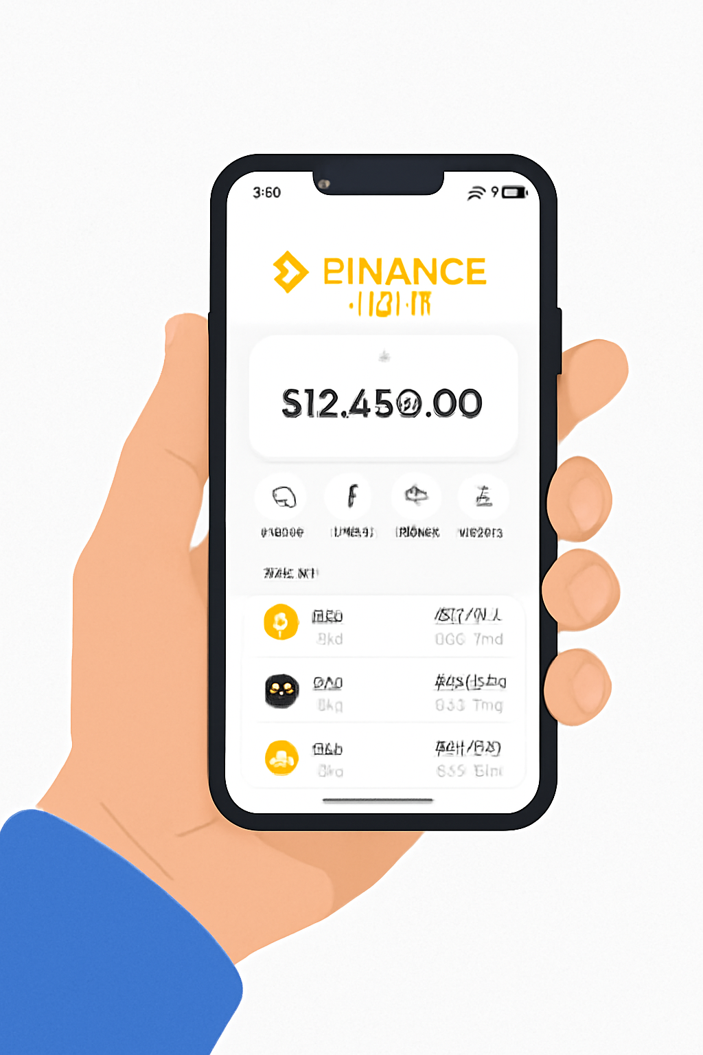 A user holding a smartphone with the Binance Wallet app open on the home screen, modern UI, clear icons, 2025 style