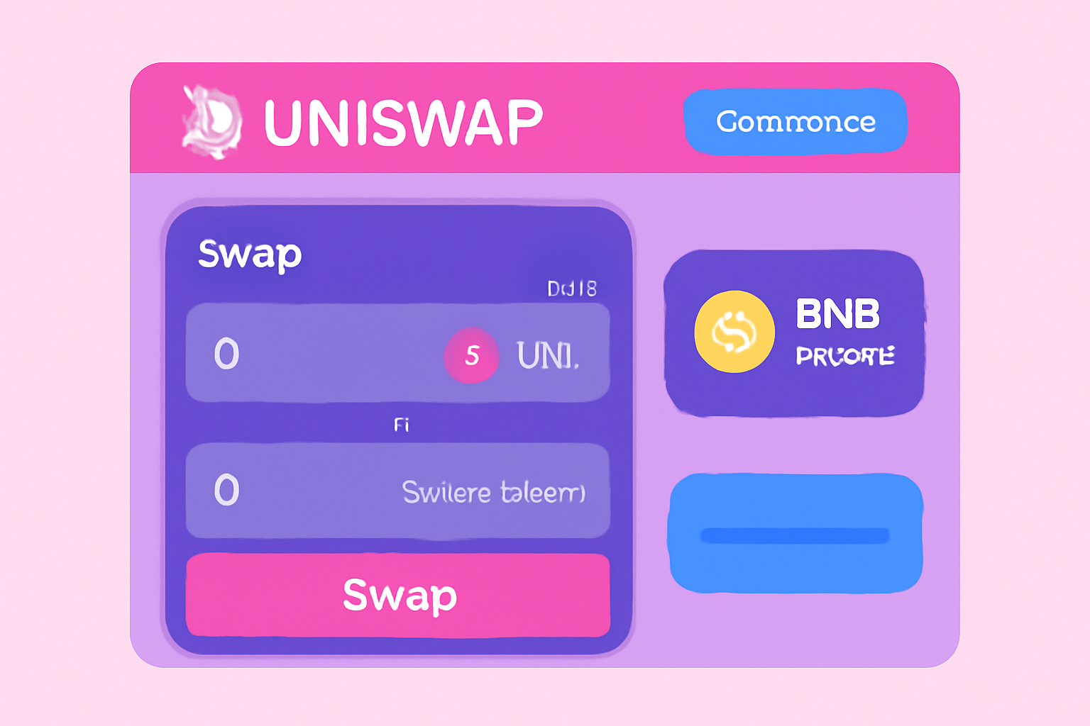 A vibrant Uniswap dashboard with connected wallet status, token swap interface, and BNB price displayed