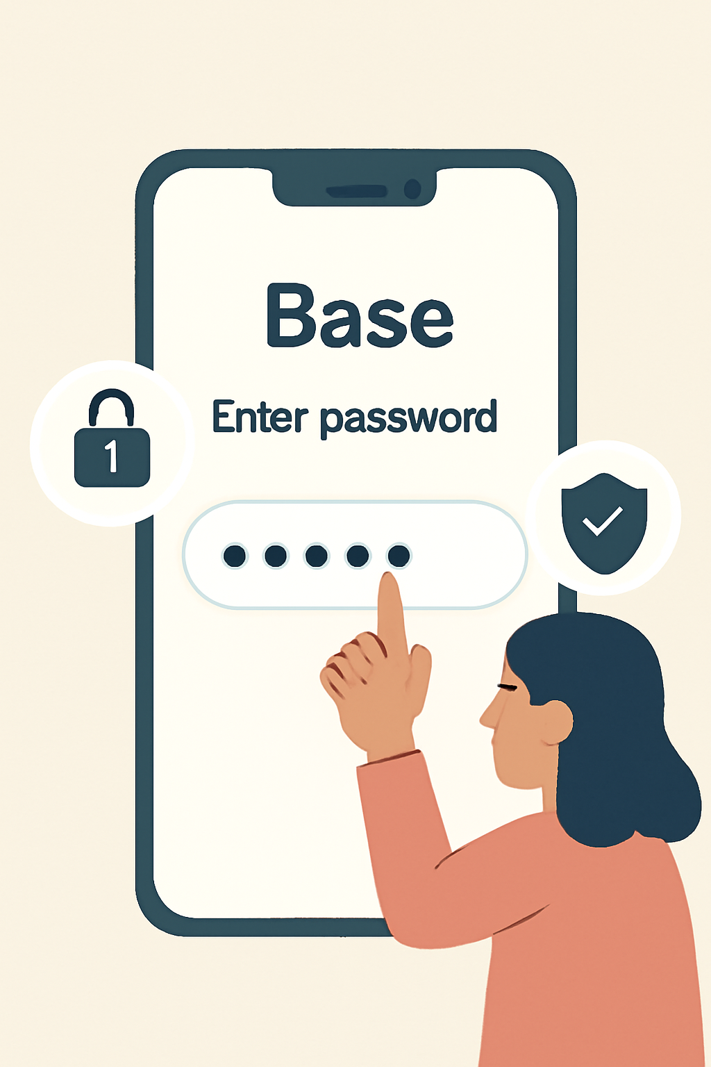 A user entering a password on the Base App setup screen, with security icons like a lock and shield.