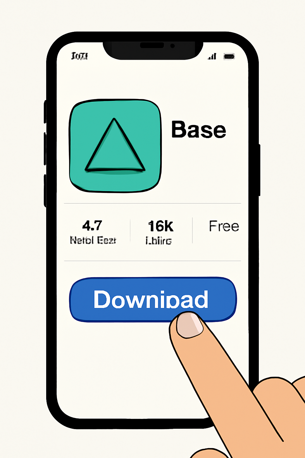 A smartphone screen displaying the Base App icon in the app store, with a finger about to tap 'Download'. Minimal, modern UI.