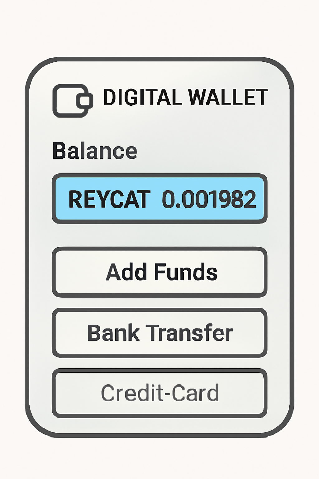A digital wallet interface showing options to add funds, with a highlighted KEYCAT price of $0.001982.