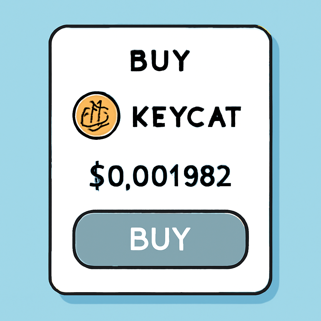 A crypto purchase screen with KEYCAT selected and the price $0.001982 displayed clearly.