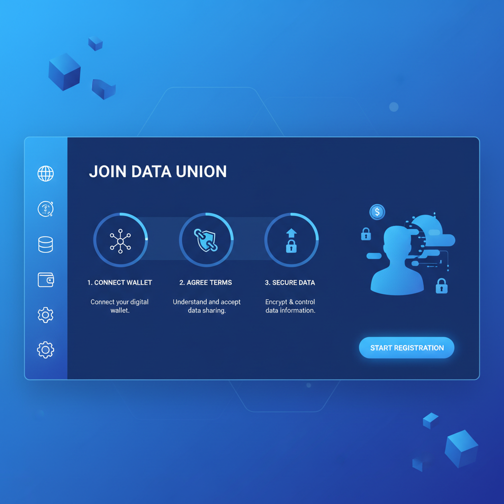 futuristic web dashboard for data union signup, clean UI, blockchain icons, blue tones