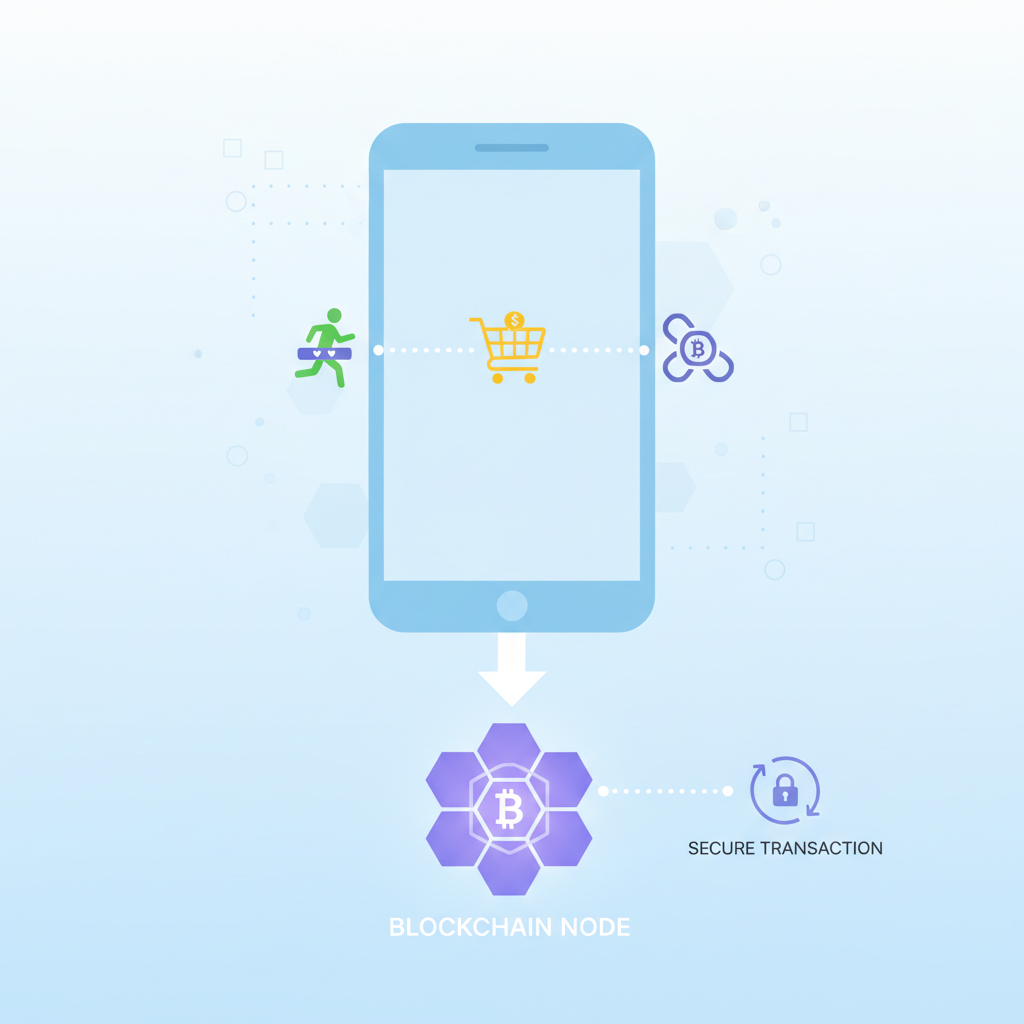 smartphone linking fitness tracker and shopping app icons to blockchain node