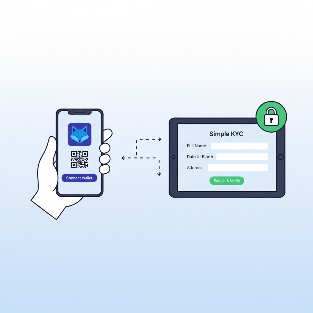 user connecting crypto wallet to app, simple KYC form, secure lock icon