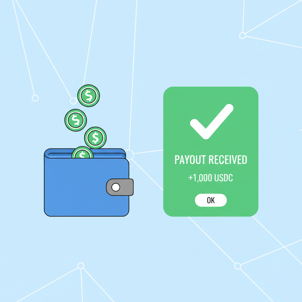 wallet receiving USDC coins, payout notification screen, green checkmark