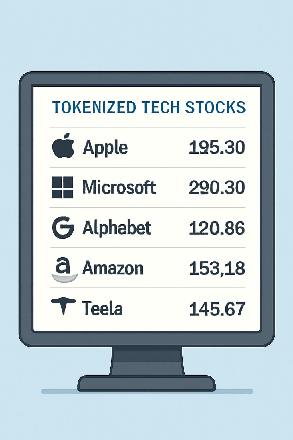 A computer screen displaying a list of tokenized tech stocks with current prices, including Apple, Microsoft, Alphabet, Amazon, and Tesla.