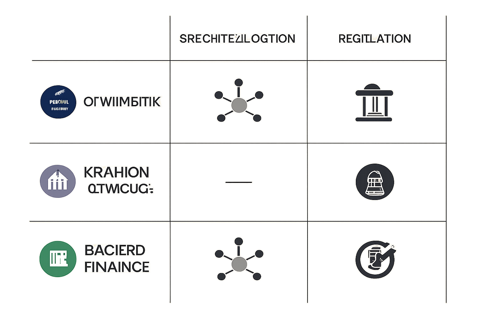 A comparison chart showing Synthetix, Kraken xStocks, and Backed Finance logos with icons representing decentralization, regulation, and asset backing.