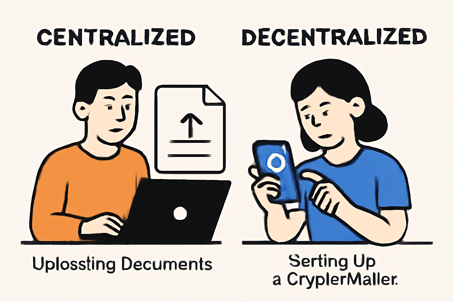 A person uploading documents on a laptop and another setting up a crypto wallet on a smartphone, representing both centralized and decentralized onboarding.
