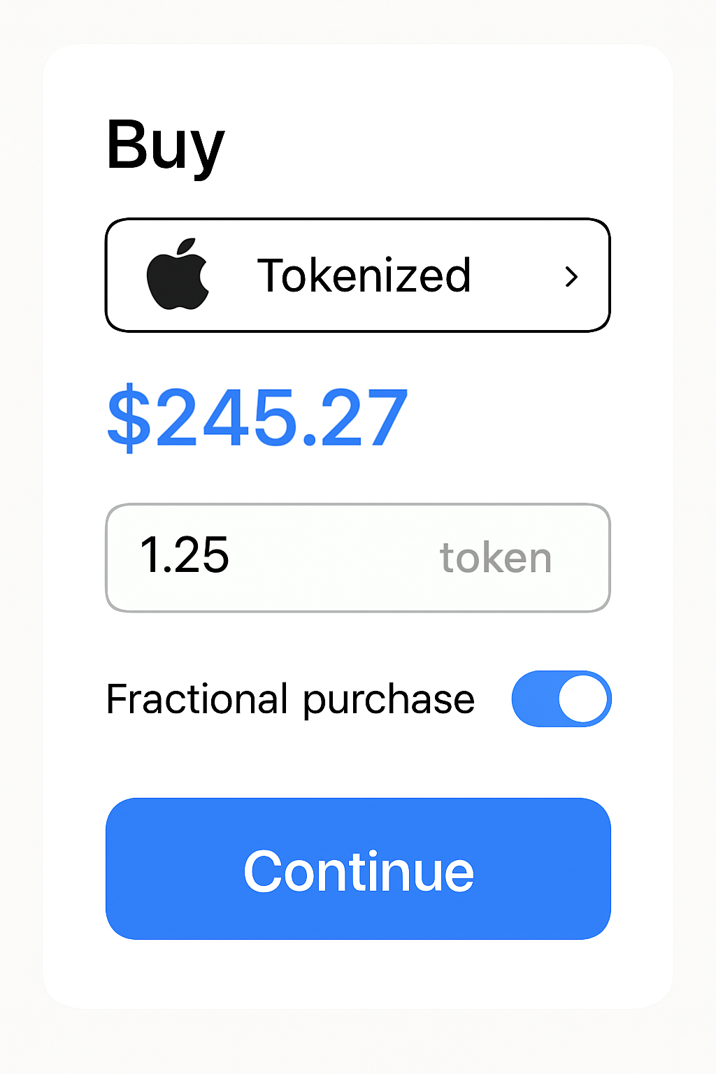 A user interface showing a buy order for a tokenized Apple stock at $245.27, with options for fractional purchase.